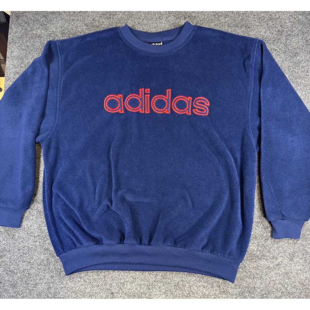 Vintage Adidas Fleece Sweatshirt Mens XL Navy Blue Red Embroidered Logo Pullover